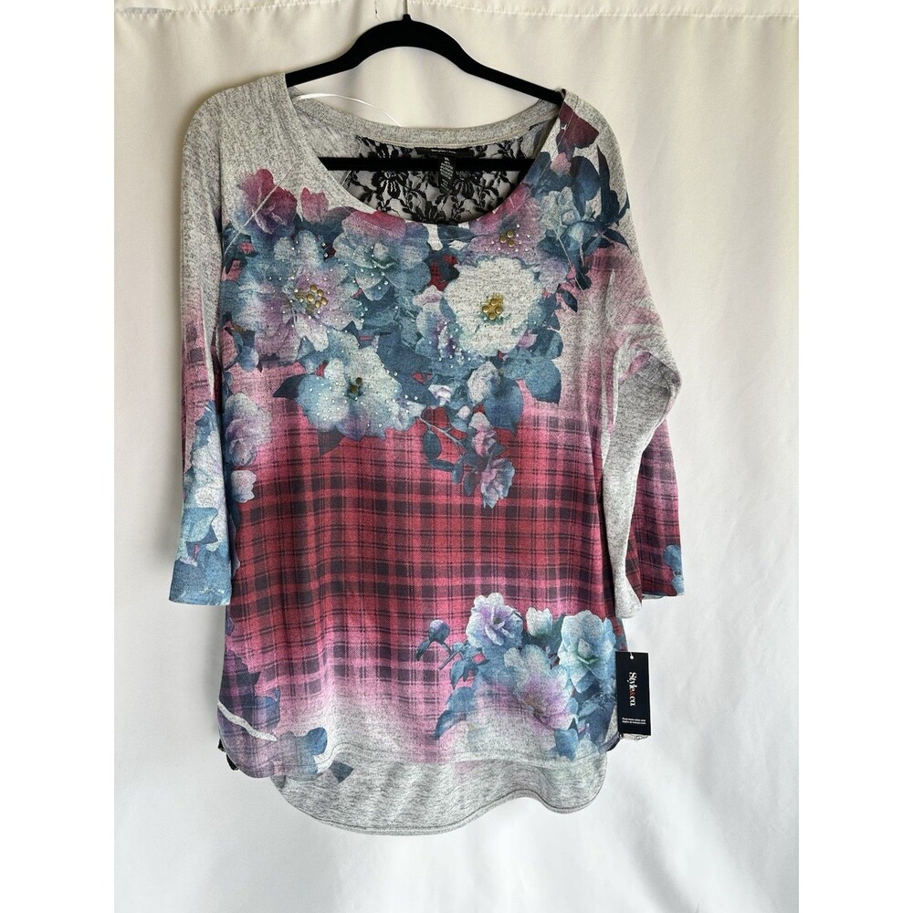 NWT Style & Co XL Downtown Gallery Beautiful Floral And Plaid With Lace Insert